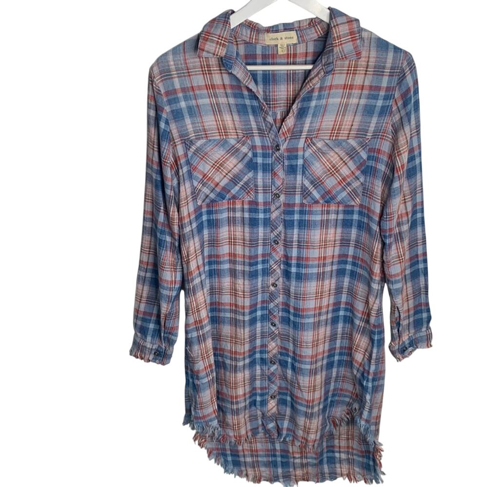 Anthropologie Cloth & Stone Plaid Raw Edged Shirt Dress Tunic W-291 Sz S